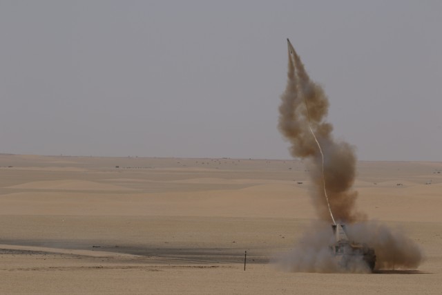 30th Armored Brigade Combat Team Soldier's conduct training with Mine Clearing Line Charge in Kuwait on June 17, 2020. The Mine Clearing Line Charge is a line of explosives used to detonate mines in the ground. (U.S. Army photo by Sgt. Andrew...