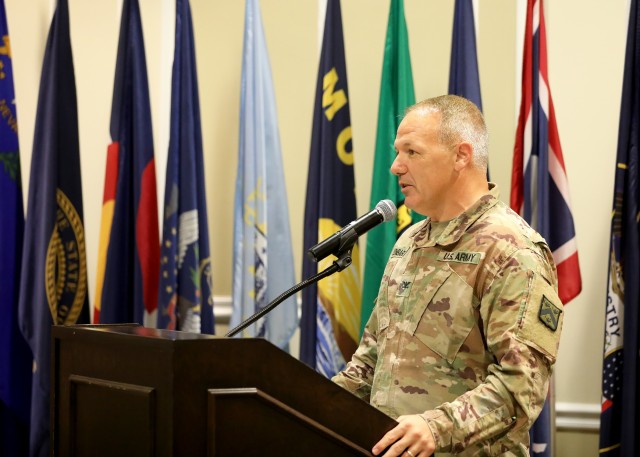 Col. Charles T. Lombardo, deputy commander Combined Arms Center-Training, speaks to the audience during the CAC-T Assumption of Responsibility Ceremony July 1, 2020 at the Frontier Conference Center, Fort Leavenworth, Kan. Photo by Tisha...
