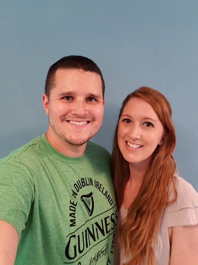 WIESBADEN, Germany - Senior Airman Jacob Foster and his wife, Emilie, in front of the wall in their home they painted while on the mandatory quarantine from their PCS move to U.S. Army Garrison Wiesbaden July 3, 2020. Photo provided by Jacob Foster.