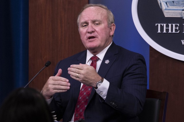 Director of Washington Headquarters Services Thomas Muir, answers questions during press briefing July 1, 2020 in the Pentagon Briefing Room to provide an update on the department&#39;s COVID-19 guidance.  