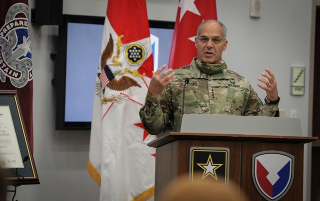 Gen. Gus Perna, the 19th commander of the Army Materiel Command, expresses his appreciation for the AMC workforce while speaking at the organization’s change of command July 2. Perna led efforts to reshape, reorganize and realign AMC’s mission capabilities during his four years of command. (U.S. Army Photo by Eben Boothby)