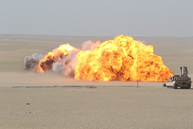 30th Armored Brigade Combat Team Soldier's conduct training with Mine Clearing Line Charge in Kuwait on June 17, 2020. The Mine Clearing Line Charge is a line of explosives used to detonate mines in the ground. (U.S. Army photo by Sgt. Andrew...