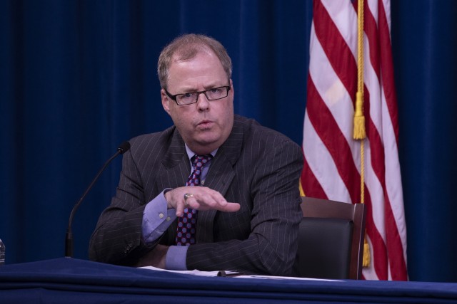 Assistant Secretary of Defense for Health Affairs Thomas McCaffery, answers questions during press briefing July 1, 2020 in the Pentagon Briefing Room to provide an update on the department&#39;s COVID-19 guidance. 