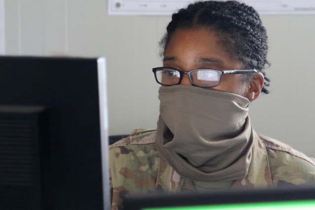 U.S. Army Spc. Kiara Cruse, 207th Regional Support Group supply specialist, works on an online portion of the emergency Basic Leader Course student at Erbil Air Base, Iraq, on May 22, 2020. The normal course, which is held in Kuwait for personnel stationed in the Middle East and Africa, was cancelled because of the COVID-19 pandemic. Instead, the eBLC program combines online discussion boards, online classes and sessions led by assistant instructors stationed at the posts with the students. Coalition Forces continue to work with allies and partners for a unified and determined mission to degrade and defeat Daesh.
