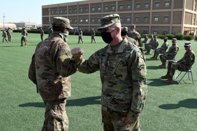 ARIFJAN, KUWAIT—More than 40 Soldiers from throughout the U.S. Army Central area of responsibility graduated from the Emergency Basic Leaders Course here, July 7, 2020. The Emergency Basic Leaders Course, or eBLC, is a modification of the Basic...