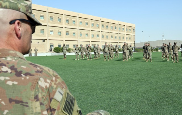 ARIFJAN, KUWAIT—More than 40 Soldiers from throughout the U.S. Army Central area of responsibility graduated from the Emergency Basic Leaders Course here, July 7, 2020. The Emergency Basic Leaders Course, or eBLC, is a modification of the Basic...