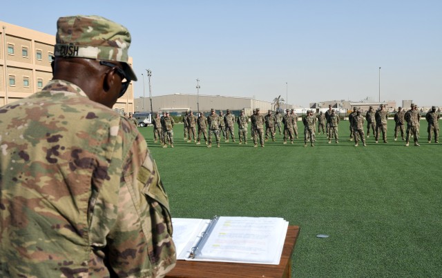 ARIFJAN, KUWAIT—More than 40 Soldiers from throughout the U.S. Army Central area of responsibility graduated from the Emergency Basic Leaders Course here, July 7, 2020. The Emergency Basic Leaders Course, or eBLC, is a modification of the Basic...