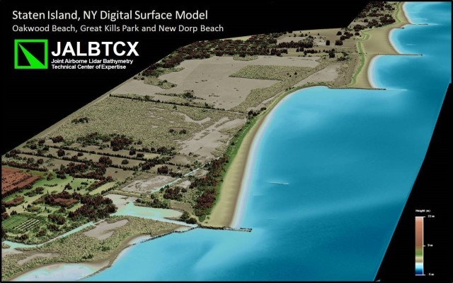 A sample of the type of elevation images the JALBTCX team developed for the U.S. Army Corps of Engineers, New York District.  This image shows the shoreline elevations along the coast of Staten Island, New York.