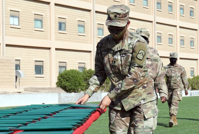 ARIFJAN, KUWAIT—More than 40 Soldiers from throughout the U.S. Army Central area of responsibility graduated from the Emergency Basic Leaders Course here, July 7, 2020. The Emergency Basic Leaders Course, or eBLC, is a modification of the Basic...
