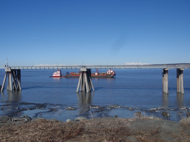 The Westport works offshore near the Port of Alaska on April 15, 2019. As a hopper dredge, the vessel can quickly move out of the way of unscheduled ships or relocate to an area of concern in the harbor to keep navigation channels open and the...