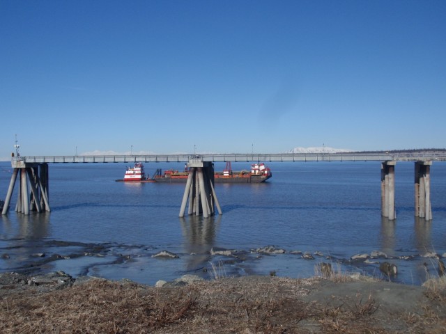 The Westport works offshore near the Port of Alaska on April 15, 2019. As a hopper dredge, the vessel can quickly move out of the way of unscheduled ships or relocate to an area of concern in the harbor to keep navigation channels open and the port accessible.