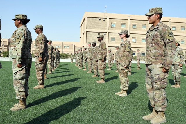 ARIFJAN, KUWAIT—More than 40 Soldiers from throughout the U.S. Army Central area of responsibility graduated from the Emergency Basic Leaders Course here, July 7, 2020. The Emergency Basic Leaders Course, or eBLC, is a modification of the Basic...