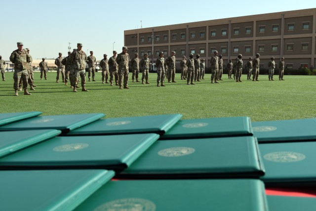ARIFJAN, KUWAIT—More than 40 Soldiers from throughout the U.S. Army Central area of responsibility graduated from the Emergency Basic Leaders Course here, July 7, 2020. The Emergency Basic Leaders Course, or eBLC, is a modification of the Basic...