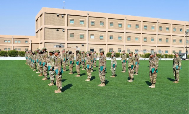ARIFJAN, KUWAIT—More than 40 Soldiers from throughout the U.S. Army Central area of responsibility graduated from the Emergency Basic Leaders Course here, July 7, 2020. The Emergency Basic Leaders Course, or eBLC, is a modification of the Basic...