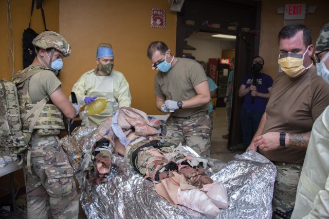 Members of the 555th Forward Surgical Team assess a simulated patient during training with Brooke Army Medical Center’s Strategic Trauma Readiness Center of San Antonio (STaRC) at Camp Bullis Military Training Reservation, Texas, May 26, 2020....
