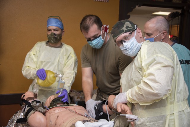 Members of the 555th Forward Surgical Team assess a simulated patient during training with Brooke Army Medical Center’s Strategic Trauma Readiness Center of San Antonio (STaRC) at Camp Bullis Military Training Reservation, Texas, May 26, 2020....