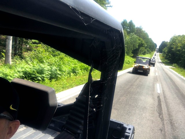 A line of utility vehicles stretches down a German road during the ATV/UTV trip from DMFWR-Baumholder Outdoor Recreation. The trip went from Baumholder to the picturesque city of Bernkastel-Kues and back.