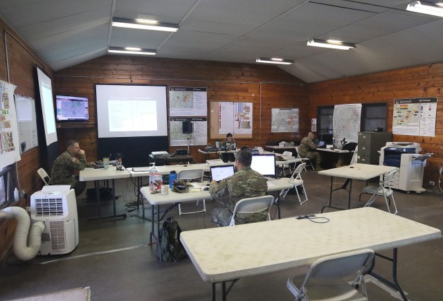 Members of Lt. Col. Adam Sawyer’s operations team in the tactical operations center at Camp Buckner prior to the kickoff of Cadet Summer Training. Sawyer is the Department of Military Instruction’s chief of Military Science and Training. The TOC at Camp Buckner is where all the information flows through with everything that happens in the field throughout the summer.