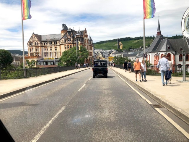 Utility vehicles from the Baumholder Outdoor Recreation ATV/UTV tour cross the Mosel River in picturesque Bernkastel-Kues on a July 4, 2020 trip.