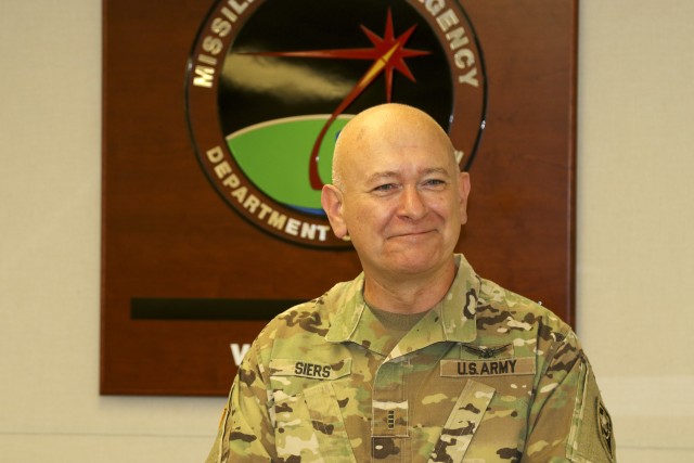 Chief Warrant Officer 4 Jon Siers, the senior command and control systems integrator for Detachment 1, 100th Missile Defense Brigade (Ground-based Midcourse Defense), delivers his remarks to a virtual audience during a farewell ceremony at the Missile Defense Agency building at Vandenberg Air Force Base, California, July 8, 2020. Siers will officially retire later this year following a 35-year career in the U.S. Army. (Photo by Staff Sgt. Zach Sheely)