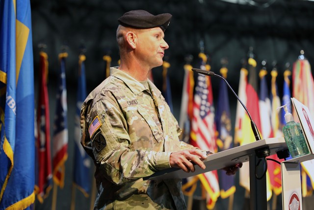 Lt. Gen. Christopher Cavoli, the U.S. Army Europe commanding general, delivers remarks during an assumption of command and assumption of responsibility ceremony July 9 at Kleber Kaserne, Germany.  Cavoli was the presiding officer as Brig. Gen....