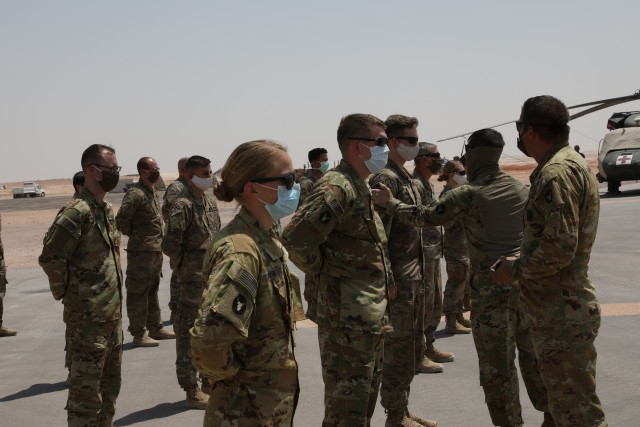 U.S. Army Soldiers assigned to Task Force Javelin were awarded the Shoulder Sleeve Insignia  of the 34th "Red Bull" Infantry Division on July 2, 2020 in the Kingdom of Saudi Arabia. The SSI was awarded to 21 members of TFJ for their service in a...