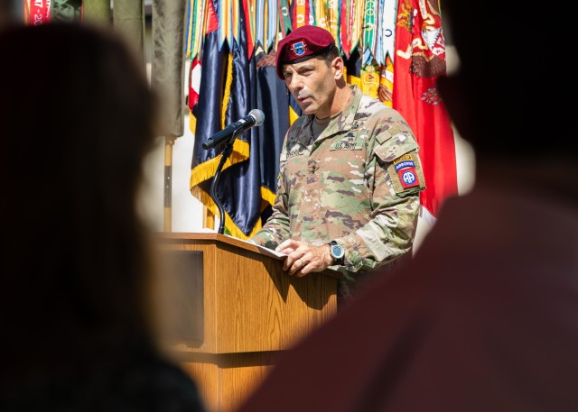 Maj. Gen. Christopher T. Donahue, commanding general of the 82nd Airborne Division, gives remarks during the 82nd Abn. Div. Change of Command and Change of Responsibility Ceremony on Fort Bragg, N.C., July 10, 2020. During the ceremony, Maj. Gen. James Mingus relinquished command to Maj. Gen. Donahue and Command Sgt. Maj. Cliff Burgoyne relinquished responsibility to Command Sgt. Maj. David Pitt.
