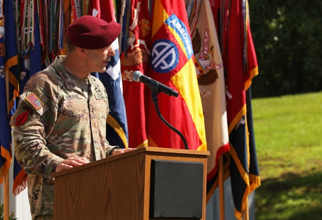 Maj. Gen. Christopher T. Donahue, commanding general of the 82nd Airborne Division, gives remarks during the 82nd Abn. Div. Change of Command and Change of Responsibility Ceremony on Fort Bragg, N.C., July 10, 2020. During the ceremony, Maj. Gen. James Mingus relinquished command to Maj. Gen. Donahue and Command Sgt. Maj. Cliff Burgoyne relinquished responsibility to Command Sgt. Maj. David Pitt.