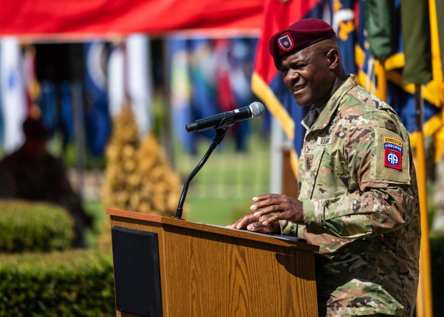 Command Sgt. Maj. David Pitt, the 82nd Airborne Division command sergeant major, gives remarks during the 82nd Abn. Div. Change of Command and Change of Responsibility Ceremony on Fort Bragg, N.C., July 10, 2020. During the ceremony, Maj. Gen. James Mingus relinquished command to Maj. Gen. Christopher T. Donahue and Command Sgt. Maj. Cliff Burgoyne relinquished responsibility to Command Sgt. Maj. Pitt.