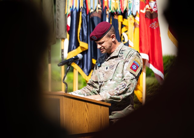 Chaplain (Lt. Col.) Brian Koyn, the 82nd Airborne Division chaplain, delivers an invocation during the 82nd Abn. Div. Change of Command and Change of Responsibility Ceremony on Fort Bragg, N.C., July 10, 2020. During the ceremony, Maj. Gen. James Mingus relinquished command to Maj. Gen. Christopher T. Donahue and Command Sgt. Maj. Cliff Burgoyne relinquished responsibility to Command Sgt. Maj. David Pitt.