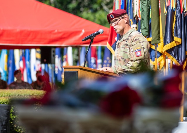 Maj. Gen. James Mingus, outgoing commander of the 82nd Airborne Division, gives remarks during the 82nd Abn. Div. Change of Command and Change of Responsibility Ceremony on Fort Bragg, N.C., July 10, 2020. During the ceremony, Maj. Gen. Mingus relinquished command to Maj. Gen. Christopher T. Donahue and Command Sgt. Maj. Cliff Burgoyne relinquished responsibility to Command Sgt. Maj. David Pitt.