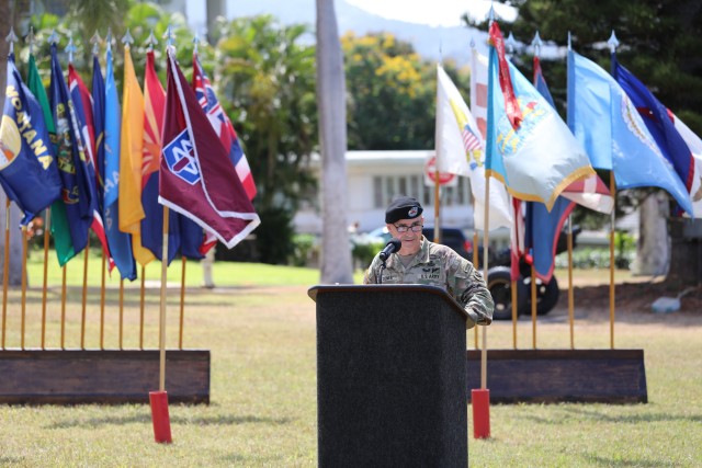 Command Sgt. Maj. Benjamin Jones, outgoing U.S. Army Pacific command sergeant major, gives his farewell speech at USARPAC’s change of responsibility ceremony July 10, 2020, at Historic Palm Circle, Fort Shafter, Hawaii.  Jones was selected to replace Command Sgt. Maj. Bryan K. Zickefoose as U.S. Southern Command’s senior enlisted leader located in Doral, Florida.  (U.S. Army photo by Russell K. Dodson, U.S. Army Pacific public affairs)