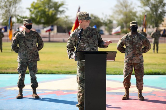 FORT BLISS, Texas -- Maj. Gen. Patrick Matlock, commander of 1st Armored Division, III Armored Corps delivers remarks at the Bulldog Brigade Change of Command Ceremony at Fort Bliss, Texas, July 9, to bid farewell to Col. Marc Cloutier and welcome Col. Jabari Miller. (U.S. Army photo by Staff Sgt. Alon Humphrey)