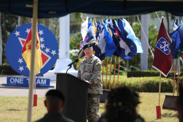 Gen. Paul J. LaCamera, U.S. Army Pacific commanding general, gives his remarks at USARPAC’s change of responsibility ceremony July 10, 2020, at Historic Palm Circle, Fort Shafter, Hawaii. Command Sgt. Maj. Scott A. Brzak assumed responsibility...