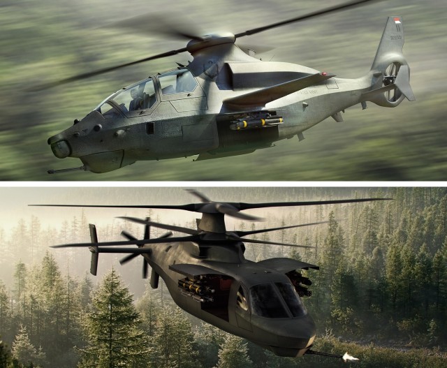 The Army is exploring improved mission systems configurations for both the Future Long-Range Assault Aircraft and Future Attack Reconnaissance Aircraft, as project officials engage with industry in a collaborative market research effort this week. Pictured are prototype designs for the FARA.