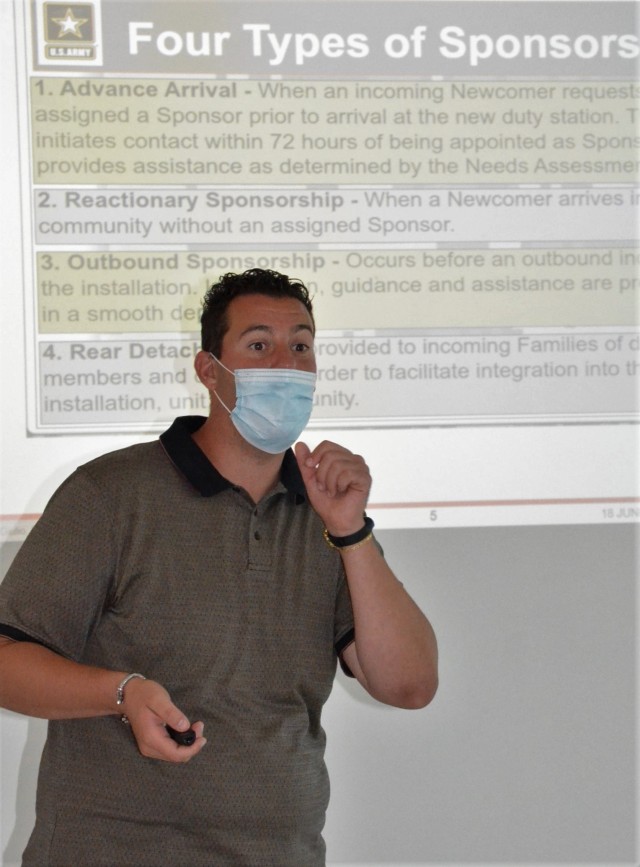 VICENZA - Giulio Rigodanzo, U.S. Army Garrison Italy installation sponsorship liaison conducts one of the Total Army Sponsorship Program training sessions on Caserma Ederle July 8. TASP is designed to help prepare Soldiers, civilians, contractors...