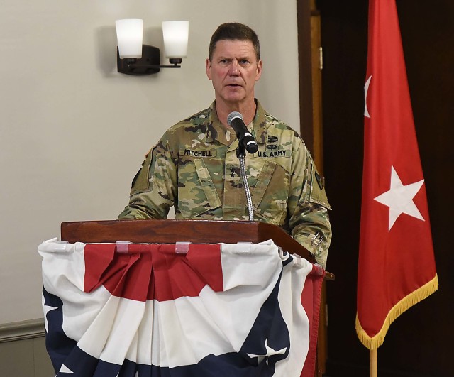 Maj. Gen. Daniel Mitchell, commanding general, U.S. Army Sustainment Command, and event host, discusses the value of leadership during the LOGCAP Support Brigade change of command ceremony July 10 in Heritage Hall, Rock Island Arsenal, Illinois....