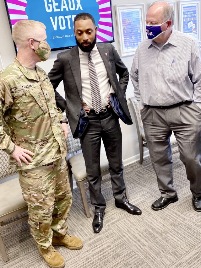 From left to right:  Brig. Gen. Patrick D. Frank, commander, Joint Readiness Training Center and Fort Polk; Mario Fox, Natchitoches chamber board member and veteran; and Lee Posey, Natchitoches mayor, discuss the 2019 Box Tour.
...