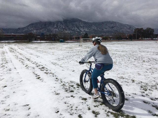 U.S. Army Spc. Jennifer Davenport, assigned to the Soldier Recovery Unit at Fort Carson, Colo., rides a fat tire bicycle through snow. While in the Army Recovery Care Program, she started using a recumbent bike and learned to mountain bike. (U.S....