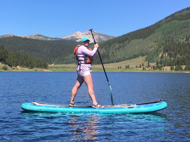 U.S. Army Spc. Jennifer Davenport, assigned to the Soldier Recovery Unit at Fort Carson, Colo., paddles on a stand-up paddle board. Davenport also mountain biked and kayaked during an adaptive reconditioning trip for Soldiers in the Army Recovery...