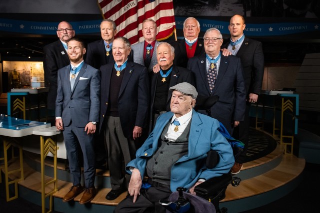 Charles H. Coolidge (front) is joined by nine other recipients of the Medal of Honor during the dedication of the Charles H. Coolidge National Medal of Honor Heritage Center in Chattanooga, Tenn. on Feb. 22, 2020. Back row (L to R): Gary B....
