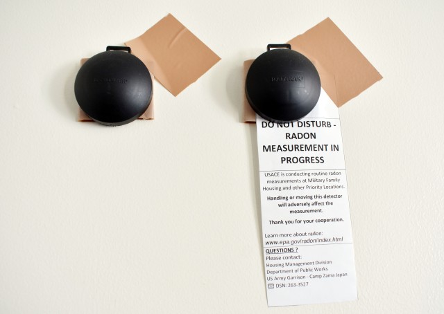 Radon detection devices hang in a home at Sagamihara Family Housing Area, Japan, Jan. 13, 2020.
