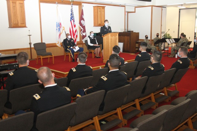 Col. Ann Behrends, Fort Sill Dental Activity commander and dean of the Comanche Advanced Education in General Dentistry 12 Month program, speaks to the graduating dentists July 10, 2020, at Frontier Chapel on Fort Sill.