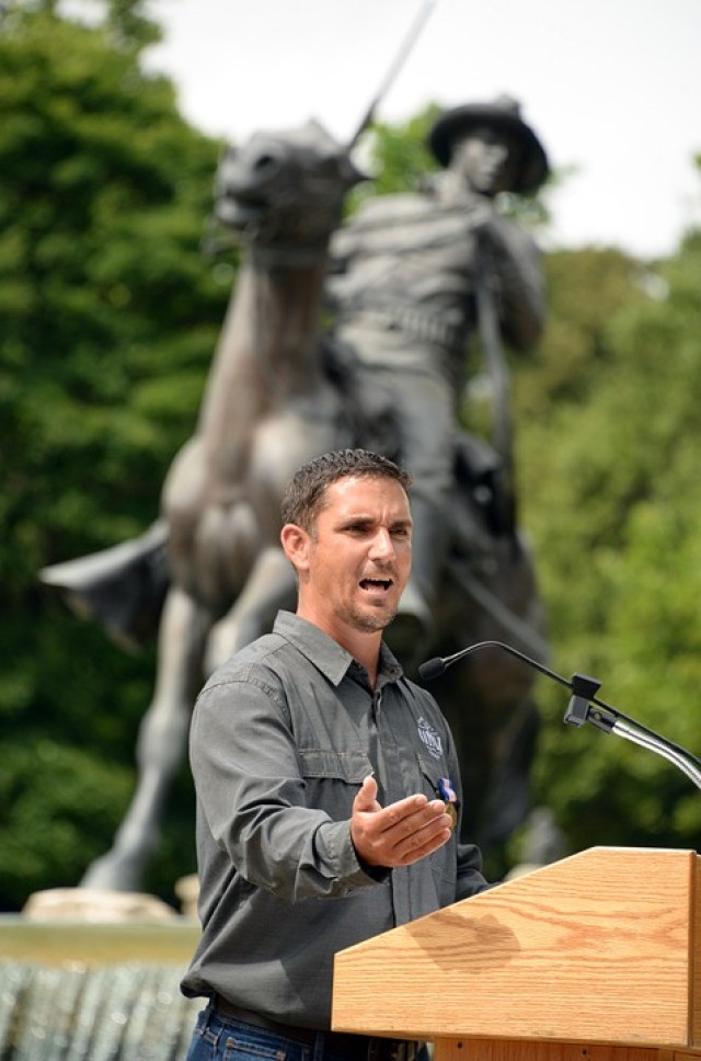 David Royer addresses soldiers, friends and family during a ceremony honoring him with the Soldier’s Medal for his act of heroism outside of combat July 16 at the Buffalo Soldier Monument. In May, Royer, then a master sergeant with the 705th Military Police Battalion (Detention), 15th MP Brigade, stopped an active shooter on Centennial Bridge in Leavenworth. 