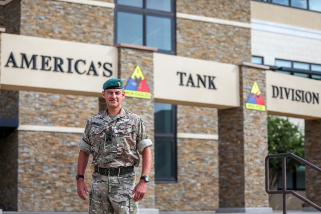 British Army Brig. Gen. Leigh Tingey, the deputy commanding general-maneuver of 1st Armored Division, poses in front of the 1AD headquarters at Fort Bliss, Texas, July 1. Tingey has recently completed a deployment to Afghanistan where he served as...