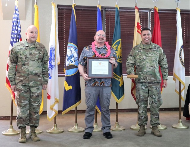Jonathan Behr is the 2019 White Sands Missile Range Volunteer of the Year. Brig. Gen. David Trybula, WSMR Commander and Col. Christopher Ward presented the award at a luncheon on July 7, 2020.