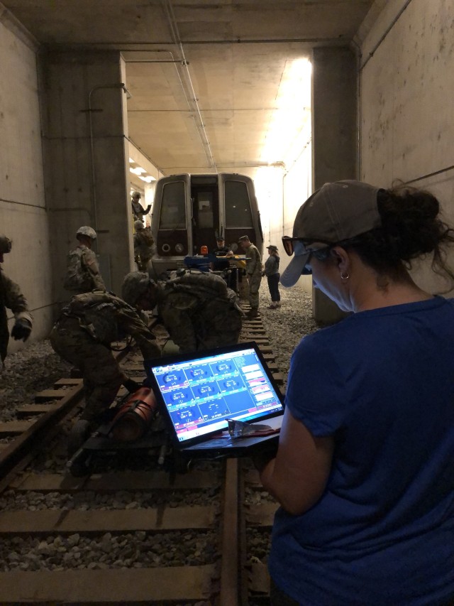 Dr. Angela Boynton, CCDC DAC biomechanist, collects various types of data as Soldiers complete tasks in a real-world environment during a load carriage system evaluation conducted in 2019.