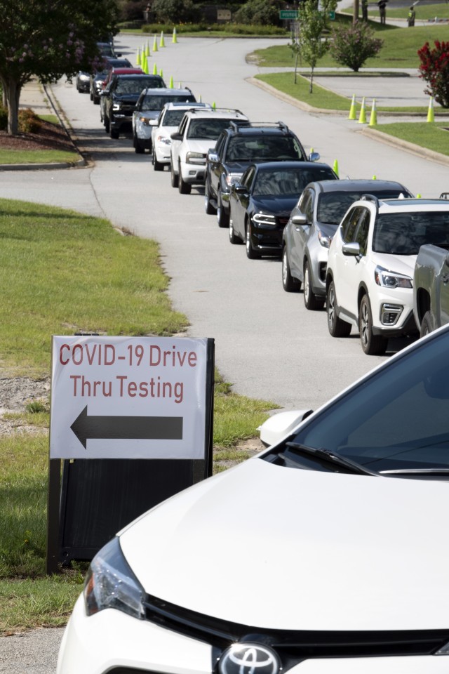 A line of cars stretches to the Solomon Center July 10 during COVID-19 drive through testing. The testing held in cooperation with the Medical University of South Carolina was held on post July 8 and 10.