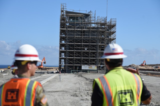 JED construction Representative Mike Diaz gives then JED Deputy Commander Lt. Col. Daniel A. Segura a tour of the LHD construction site during his visit to Okinawa in October 2017.