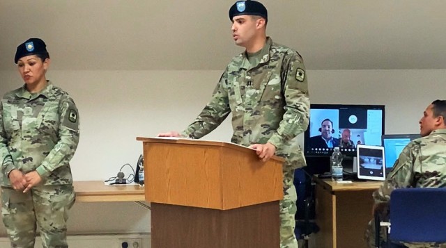 Cpt. Jose Melendez Valentin, incoming commander of headquarters and headquarters company, 361st Civil Affairs Brigade, 7th Mission Support Command, thanks his leaders and family for their trust and patience during a change of command ceremony in Kaiserslautern, Germany, June 7, 2020. The ceremony was conducted in person and virtually to protect the force and enable maximum participation for Soldiers, friends and family members. (U.S. Army Reserve photo by Staff Sgt. Chris Jackson/Released)